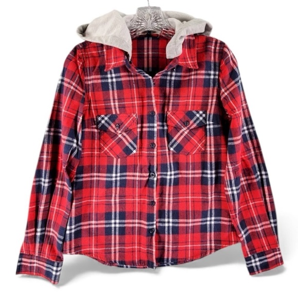 Love Tree Tops - Love Tree Happens Red Plaid Hooded Button Down Shirt Jacket Size Large